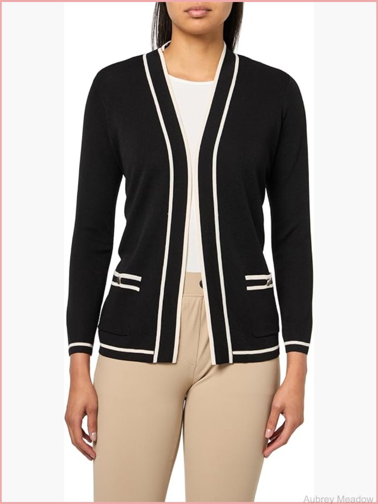 Cardigan With Contrast Trim Button Front Long Sleeve Lightweight Knit